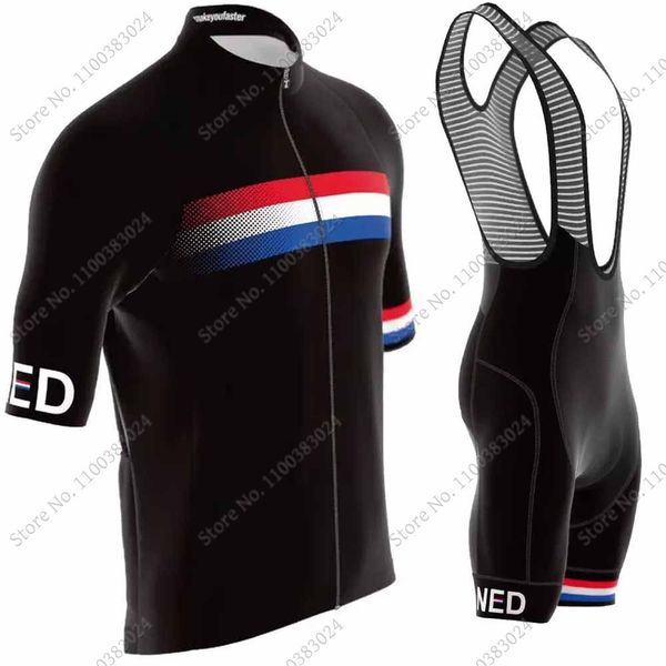 Set di maglie da ciclismo Nero Set nazionale olandese Ducth Abbigliamento da bicicletta Camicie da bici da strada Pantaloncini con bretelle MTB Ropa Maillot 230706