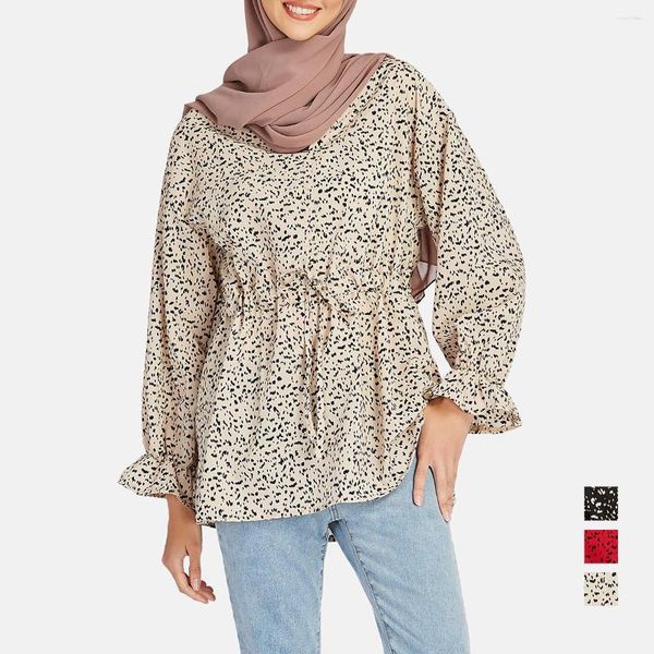 Blusa Feminina Estampada Boêmia Estilo Rural Manga Lanterna Camisas Muçulmanas Ramadã Vestido de Verão Verão Túnica Tops Blusas Grandes