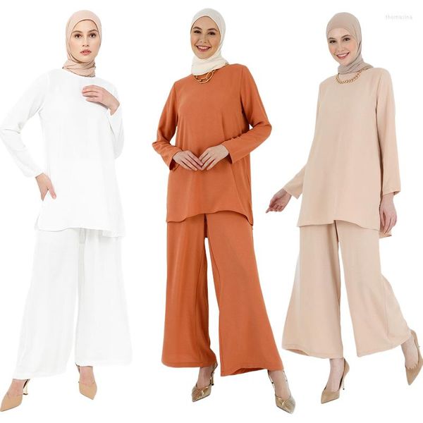 Roupas étnicas Roupas de moda Eid Muslim Tops de manga longa Conjuntos de calças largas para mulheres Sólido Abaya Dubai Árabes Islâmicos Ternos Turquia Kaftan