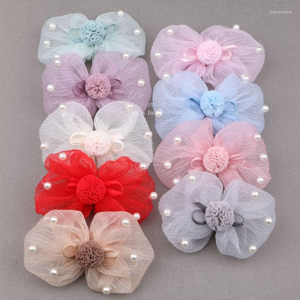 Saç klipleri el yapımı şifon kumaş kurdele inci boncuk yay yama stiker 2pcs mücevher diy tiaras düğmeleri süsleme giysi dekor 9.5 5.5cm