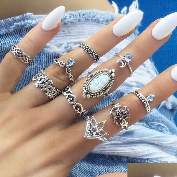 Cluster Ringe Boho Midi Knuckle Finger Sets für Frauen Strand Opal Kristall Crescent Ancient Sier Geometrische Böhmische Modeschmuck in Dheyb