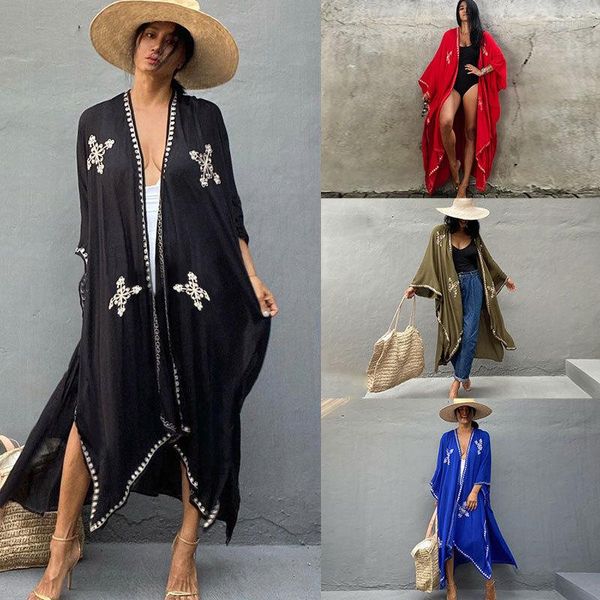 Damen Bademode Stickerei Boho Vintage Strand Kimono Damen Kleidung Oversize Beachwear Cover Up Outing Baumwolle Urlaub Lange Strickjacke 2023