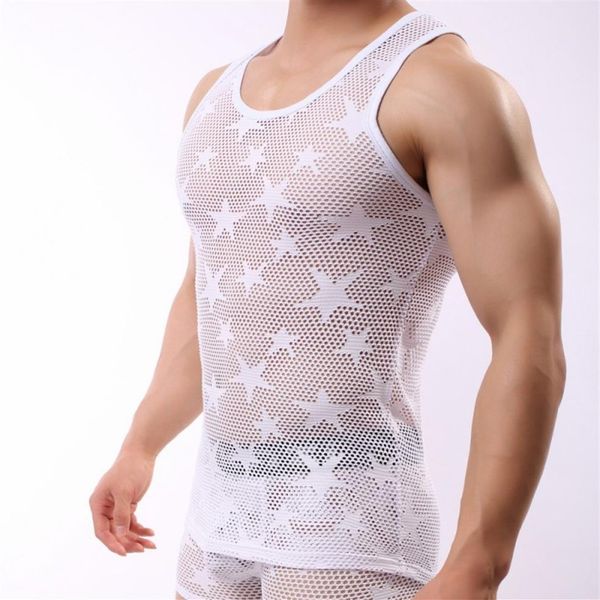 Conjuntos de tanques masculinos moda masculina roupa íntima gay sexy para casa colete de perspectiva de malha sexy preto branco estrela malha respirável Tank Top235s