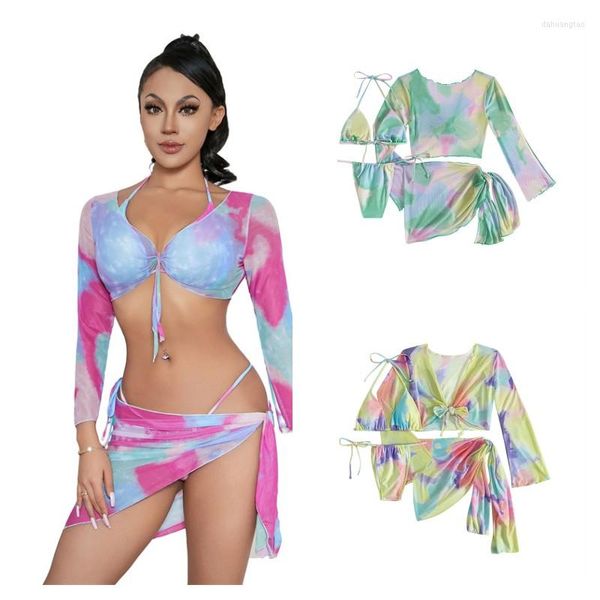 Costumi da bagno da donna Costumi da bagno sexy stampati 4 pezzi Bikini da donna a triangolo imbottito con scollo all'americana Top manica lunga Fasciatura Gonna Cover Up Beach