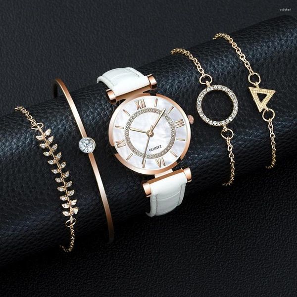 Orologi da polso 5 pezzi Orologio da donna Set Donna Casual Orologio da polso al quarzo Bracciale in pelle Lusso 2023 Regalo per fidanzata Relogio Femenino