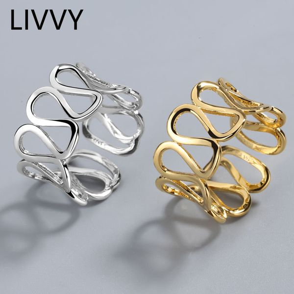 LIVVY Silver Color Open Simple Finger Rings For Women Wide Face Drawing Ladies Ring Fashion Jewelry 2021 Trend