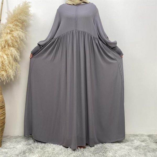 Roupas étnicas muçulmanas lisas abaya para mulheres elegantes senhoras chiffon cor sólida vestido plissado femme punhos elásticos zip vestidos modestos islã