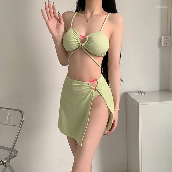 Roupa de banho feminina Ms Japão Coreia do Sul em 2023 Um maiô de cor pura separado Terno de três peças para estudantes Um corpo feminino sólido Cintura alta