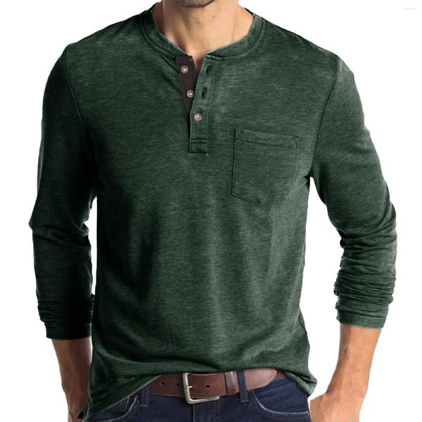 Camisetas masculinas primavera e outono botão gola redonda blusa de cor sólida manga longa bolso superior camisa inferior