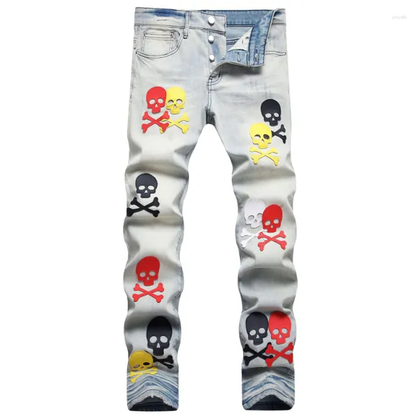 Calça Jeans Masculina Skull Fit Slim Fit Rasgado Patchwork Calças Hip Hop Motocicleta Trend Hole Punk Moda MarcaStreetwear