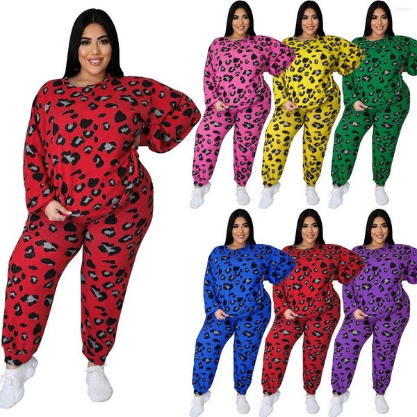 Kadınlar İki Parçalı Pantolon 2 Set Kadın Kıyafetleri Leopar Baskı Gevşek O yaka Uzun Kollu Kazak Polar Pantolon 2 PCS Takım Sıradan Spor Giyim