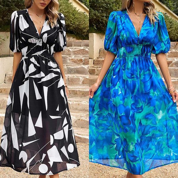 Lässige Kleider 2023 Sommer Europäisches und amerikanisches Kleid Temperament Taille V-Ausschnitt Gedruckt Lange Party Wear Cocktail