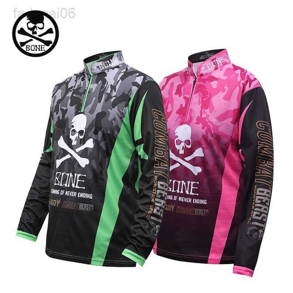 Acessórios de pesca Osso Roupa de pesca de secagem rápida Camo Jersey Cool T-Shirts Longa Preto Rosa/Verde Blusas Para Pesca Camisa De Pesca UV Manga Longa HKD230706