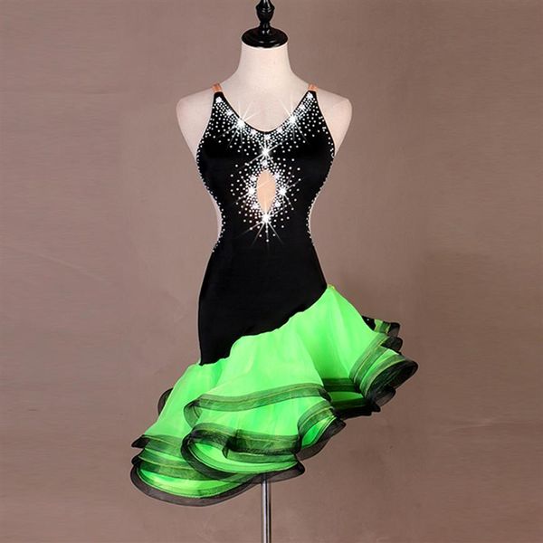 NOVO Vestido de dança latina para meninas adultas Salsa Tango Chacha Vestido de dança de competição de salão Preto Verde Sexy Halter Pérola Rhinesto286K