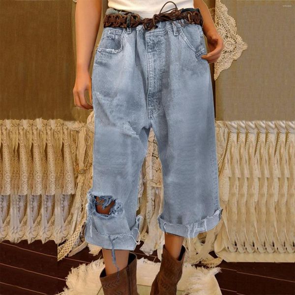 Kadınlar kot sokak kıyafeti retro etnik aşiret geniş bacak denim kırpılmış pantolon yüksek bel streç 90'ların vintage kıyafetleri