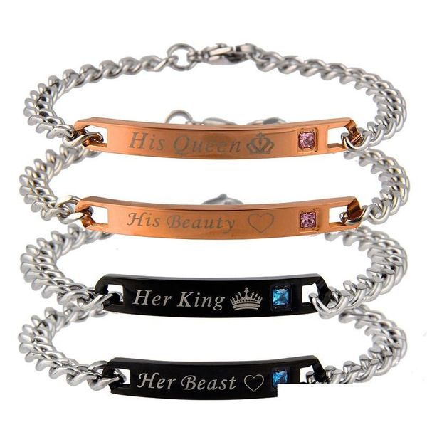 Charm Armbänder Titanstahl Ihr König Seine Königin Beast Beauty Schriftzug Krone Liebespaar Armreif für Männer Frauen S Modeschmuck Dr Dhhzx