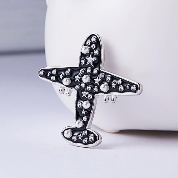 Spille Stelle placcate argento Intarsiato Strass di cristallo lucido Perle veneziane Smalto nero Spilla da donna Spilla da bavero Gioielli Regali