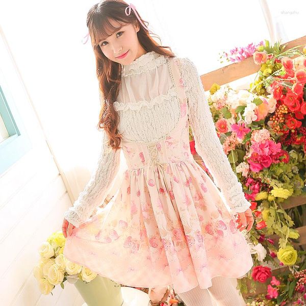 Abiti casual Estate giapponese Fragola stampata Giappone Liz Lisa Style Bendaggio in pizzo Mini abito da ragazza carina