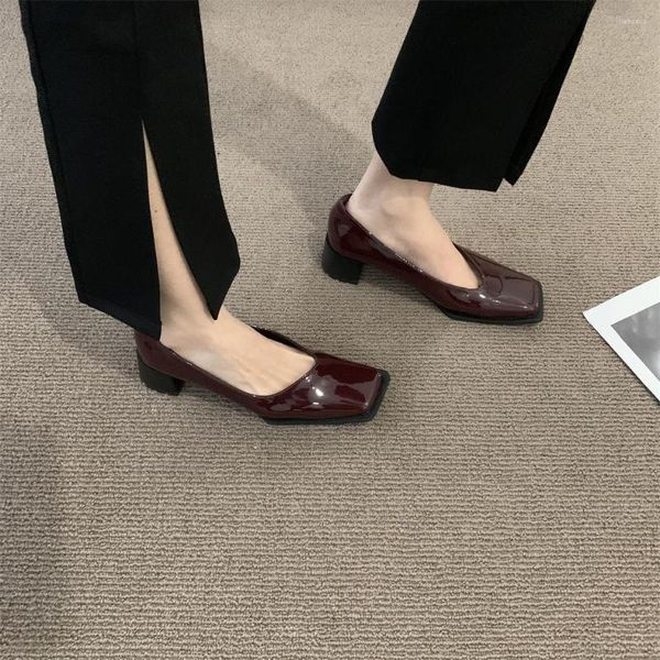 Kleid Schuhe Heels für Frauen Retro Square Toe Im Sommer Wurzel Französisch Casual Med Pumps Braun Leder