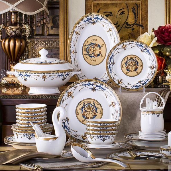 Tigelas Tigela de Porcelana Conjunto de Talheres Estilo Europeu Casa Cerâmica Bone China 10 Pratos Prato Pauzinhos