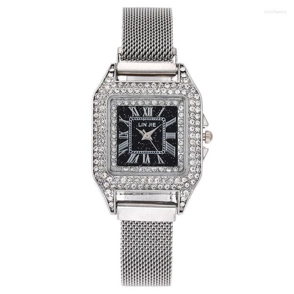 Нарученные часы Quartz Watches Women All Diamond Steel Band Square Корейская версия Leisure Fashion Network Red Trend Watch