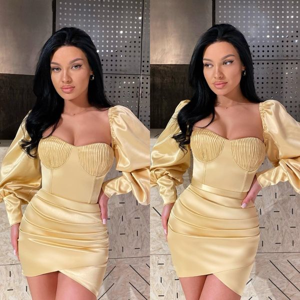 Sexy Robe De Cocktail Jaune Clair Manches Longues Chérie Robes De Bal Courtes Plis Mini Fête Retour Robe Occasion Spéciale