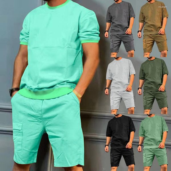Erkeklerin Terzini Moda Erkekler Kısa Kollu Tahil Şortları 2 Parça Set Giyim Sokak Giyim Sokak Renkli Yaz Spor Giyim Takip