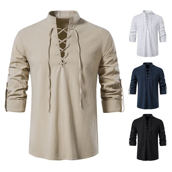 Camisas casuais masculinas com decote em V e manga longa com cadarço Henley camisa de linho de algodão sólido solta moda homem camisa de gola alta