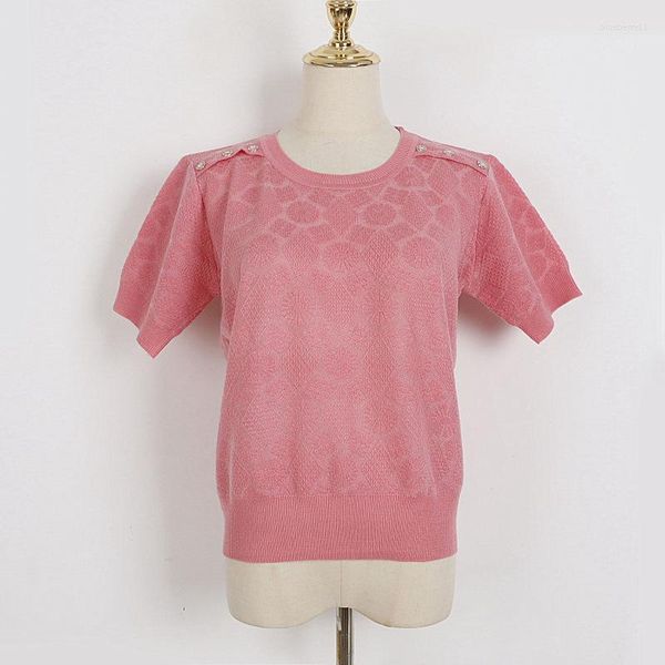 T-shirt da donna Camicia a maglia sottile rosa T-shirt a maniche corte con scollo tondo a fiore scuro rombico profumato Donna 2023 Bottone a doppia spalla estiva