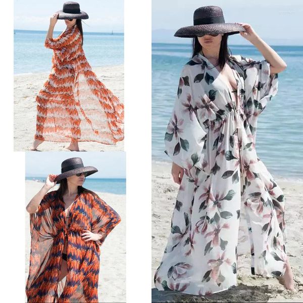 Roupa de banho feminina blusa de praia chiffon cardigã estampado tamanho grande robe saia de férias biquíni protetor solar cobertura