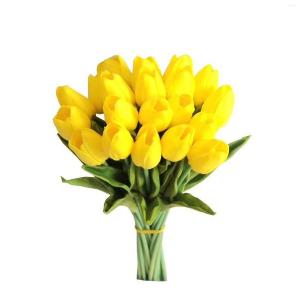 Flores decorativas 20 unidades Tulipas amarelas Arranjo artificial falso buquê de casamento decoração de casa por atacado