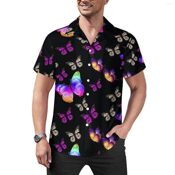 Camisas casuais masculinas Neon Butterfly Color Print Animal Print Beach Shirt Havaianas Y2K Blusas Men Graphic Plus Size