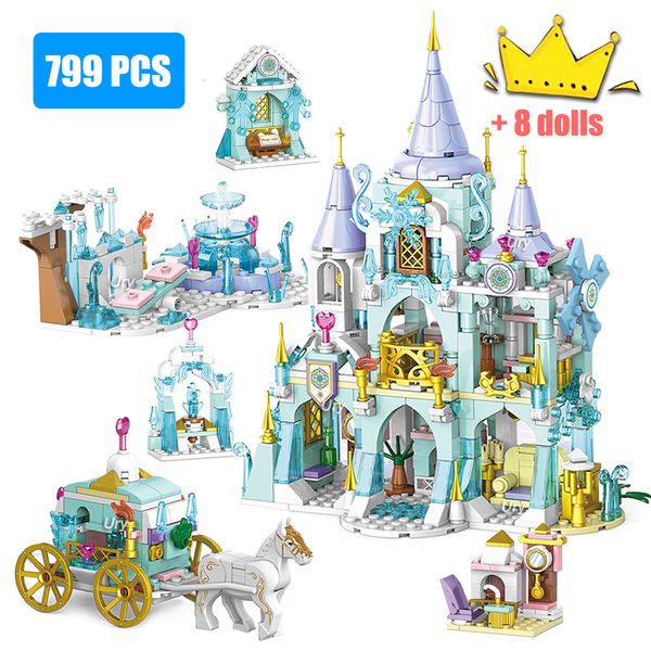Diecast Model Friends Princess Castle House Sets for Girls Movies Royal Ice Playground Horse Carriage DIY Building Blocks Toys Kids Gifts 230705