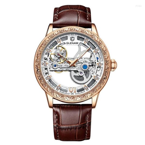 Orologi da polso GLENAW Orologio da uomo di lusso con cinturino in pelle Orologio da scheletro con incisione meccanica automatica di moda 2023 Marca