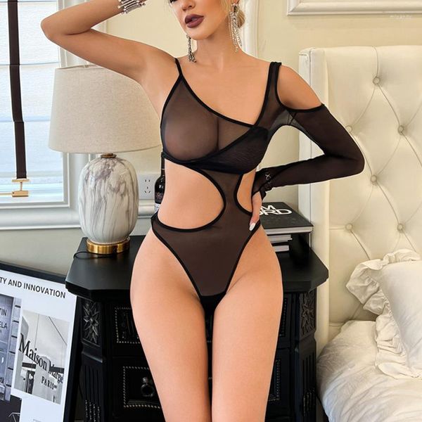 BRAS SETİ Şeffaf örgü iç çamaşırı seti Sexy Sexy Sexy Düzensiz Dantel Dantel Sütyen ve Külotlu Düzensiz Uzun Kollu Bodysuit