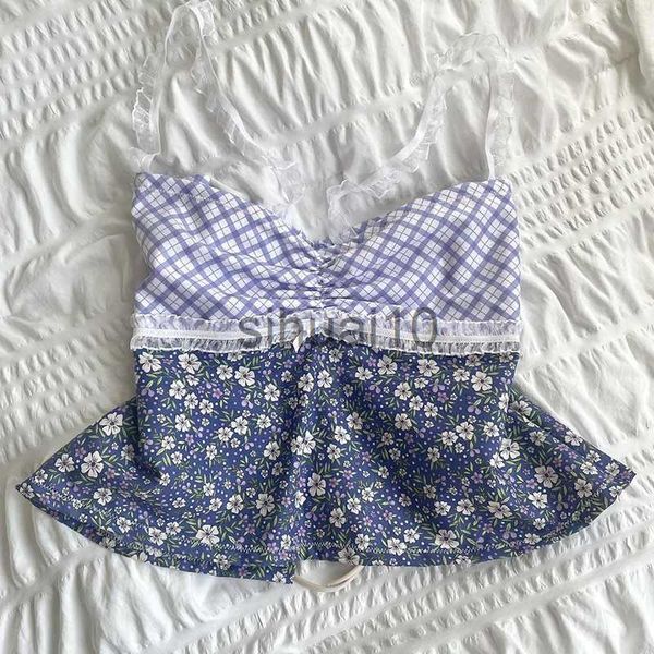 DIY Tanques Camis xadrez estampa floral tops Milkmaid 00s retrô Coquette Camis Fairycore Y2K acabamento em renda sem costas tie up crop tops chique fofo mini colete J230706