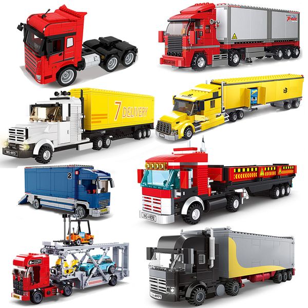 Diecast modelo cidade velocidade fórmula transportador tijolos grande caminhão de carga blocos construção carro figuras conjunto veículo brinquedos para crianças presente 230705