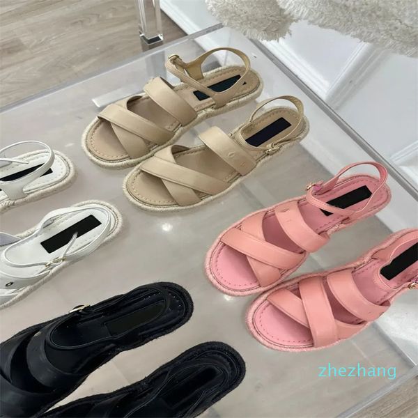 2023-Designer Sandálias Femininas Pescador Straw chinelo feminino corda trançada pele de carneiro genuína Straw Platform Chinelos Senhoras Couro Clássico Verão Praia