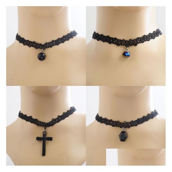 Chokers, die Schmuck für Frauen verkaufen, handgefertigte Vintage-Stretch-Tattoo-Spitze-Halsketten, Gothic-Punk-elastischer Kreuz-Anhänger-Tropfen-Deliv DH4P7