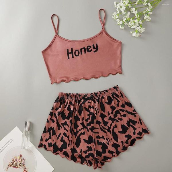 Lauf-Sets Damen-Pyjamas mit Honig-Buchstaben-Aufdruck und dekorative Shorts mit Schleife im Leopardenmuster