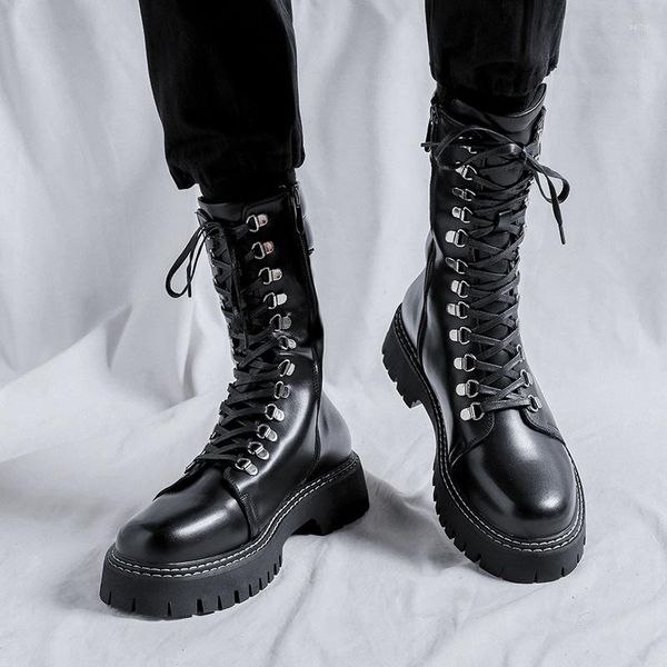 Botlar erkekler lüks moda motosiklet siyah orijinal deri ayakkabılar dantel up yüksek üst şövalye boot kovboy platformu uzun botas hombre