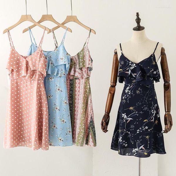 Lässige Kleider Polka Dot Sommer Frauen Kleid 2023 Floral Bedruckte Ärmel Verstellbaren Riemen Party Club Boho Sommerkleid Weibliche Kleidung