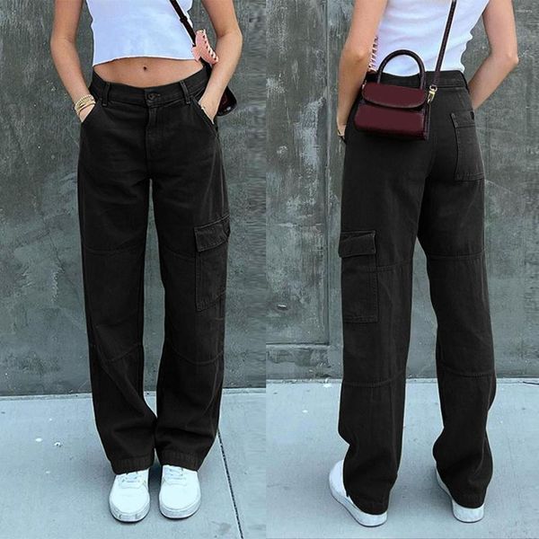 Damen Jeans Streetwear Lange Hosen Denim Weites Bein Gerade Demin Cargohose Mit Tasche Alltag 90er Jahre Vintage Kleidung