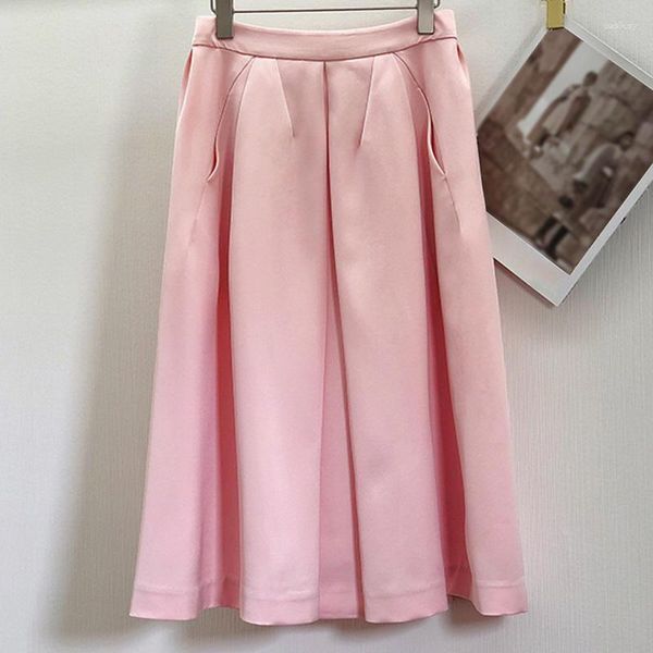 Saias 2023 elegante linha A saia de comprimento médio passarela feminina cintura alta bolso sólido bainha em forma de guarda-chuva plissado rosa branco preto