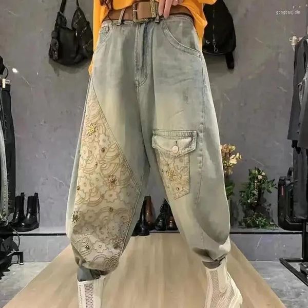 Damenhose Damen Vintage bestickt Baggy Harem Frauen Kleidung lose Mode hohe Taille voller Länge Jeans 2023 Frühling