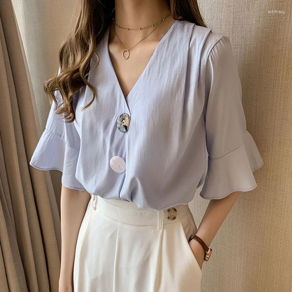 Frauen Blusen Chiffon Frau Bluse Shirt Sommer 2023 V-ausschnitt Lose Plus Größe Koreanische Version Tops Shirts Weiß/Blau/gelb