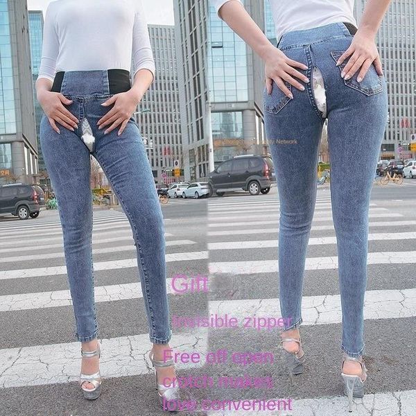Jeans da donna Leggings skinny invisibili con cerniera intera Cavallo aperto Sesso all'aperto Urina Coppia Pantaloni comodi Vita alta Sexy