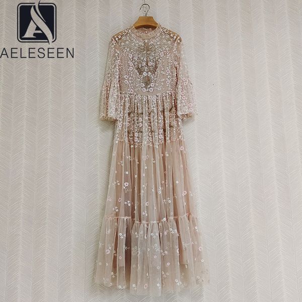 Основные повседневные платья Aeleseen Designer Fashion Maxi платье по взлетно -посадочной полосе длиннонослого рукава с эритроцитами с роскошными бисерами с ярко -сетчатой ​​вышивкой для цветочных вышивок 230706