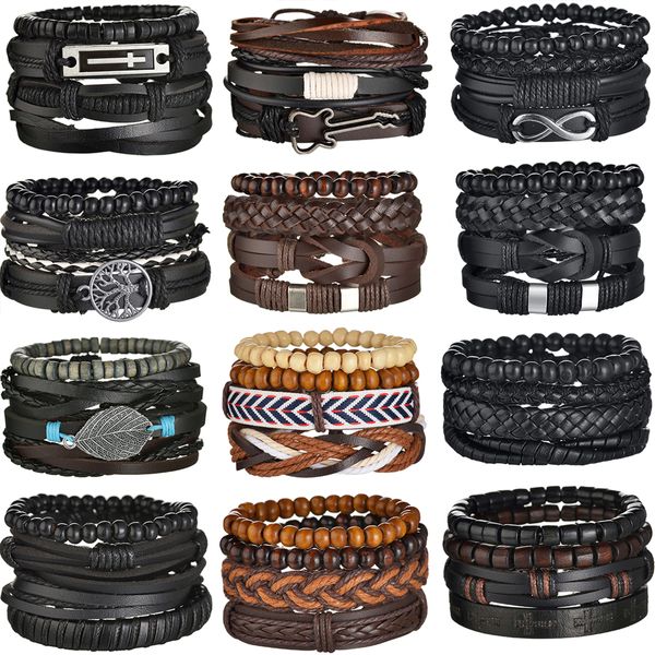 Cadeia MeMolissa Conjunto 34 Pçs Pulseira de Couro Envolto Trançado para Homens Vintage Life Tree Guitar Contas de Madeira Moda Masculina Pulseiras Pulseira 230706