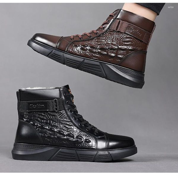 Stiefel Männer Winter Krokodil Druck Baumwolle Schuhe Mode High Top Lace Up Britischen Stil Jugend Junge Warme Plüsch Ankle Zapatilla hombre